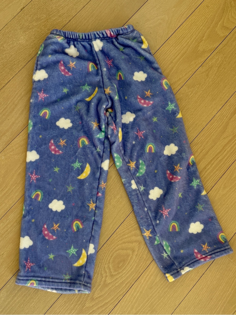 Kids Cozy Fleece Pajama Pants in Blue with Rainbows & Stars